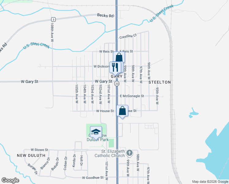 map of restaurants, bars, coffee shops, grocery stores, and more near 1214 101st Avenue West in Duluth