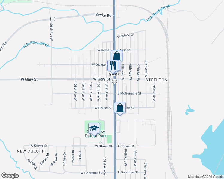 map of restaurants, bars, coffee shops, grocery stores, and more near 1214 101st Avenue West in Duluth
