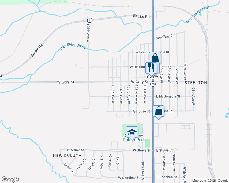 map of restaurants, bars, coffee shops, grocery stores, and more near 1210 105th Avenue West in Duluth