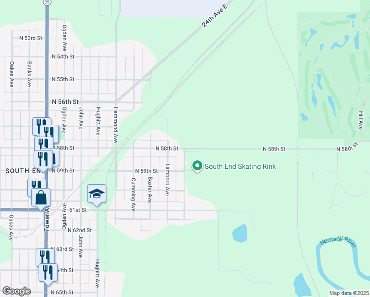 map of restaurants, bars, coffee shops, grocery stores, and more near North 58th Street in Superior