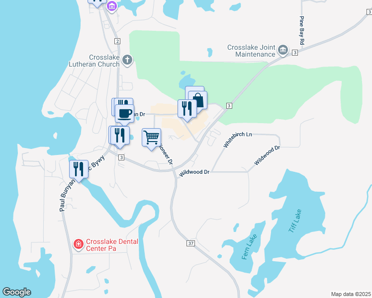 map of restaurants, bars, coffee shops, grocery stores, and more near 35625 Ostlund Avenue in Crosslake