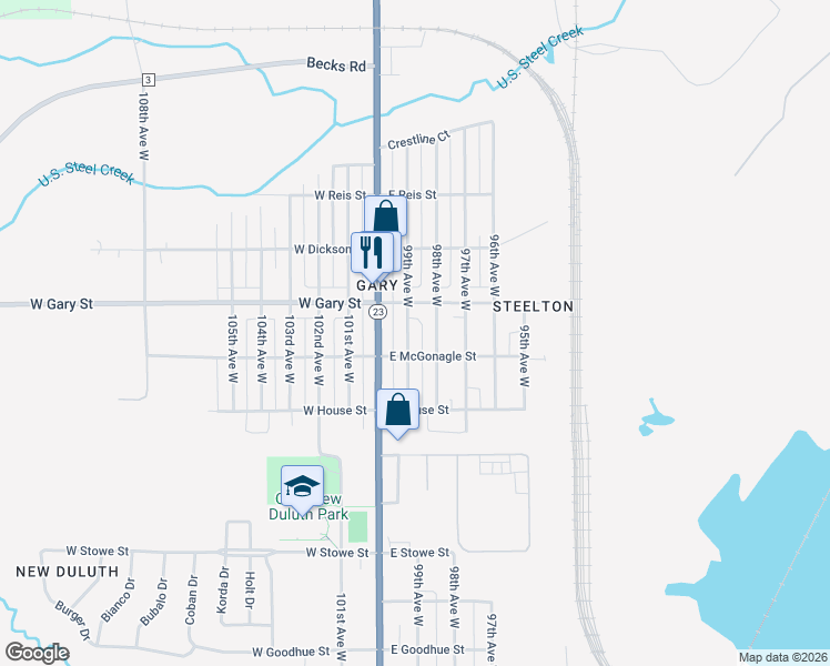 map of restaurants, bars, coffee shops, grocery stores, and more near 1211 98th Avenue West in Duluth