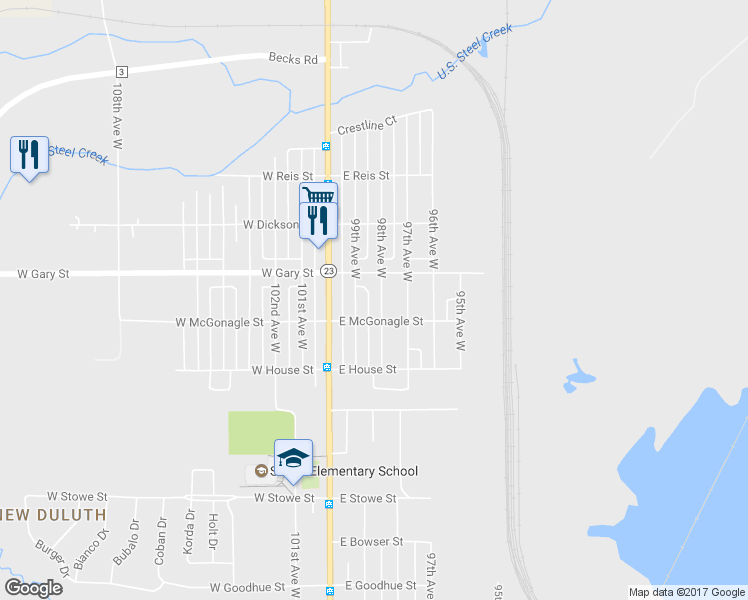 map of restaurants, bars, coffee shops, grocery stores, and more near 1211 98th Avenue West in Duluth