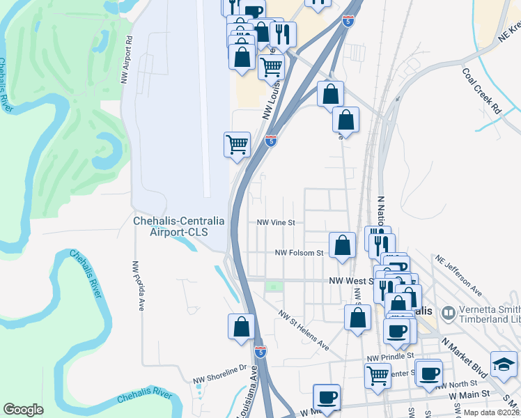 map of restaurants, bars, coffee shops, grocery stores, and more near 847 Northwest New York Avenue in Chehalis