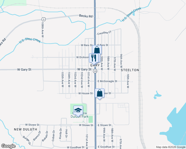 map of restaurants, bars, coffee shops, grocery stores, and more near 1214 101st Avenue West in Duluth