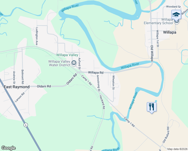 map of restaurants, bars, coffee shops, grocery stores, and more near 4400 Willapa Road in Raymond