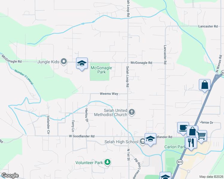 map of restaurants, bars, coffee shops, grocery stores, and more near 121 Weems Way in Selah