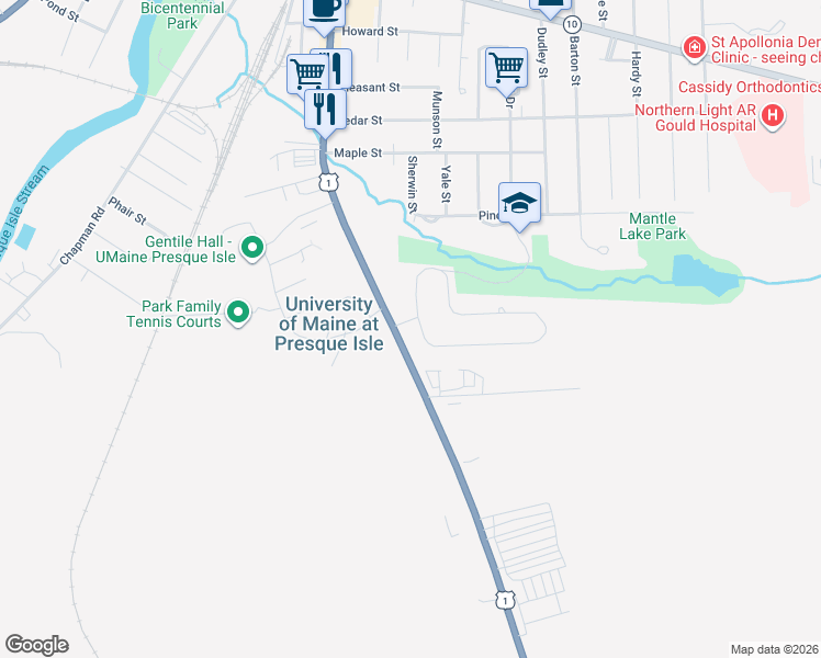 map of restaurants, bars, coffee shops, grocery stores, and more near 10 University Street in Presque Isle