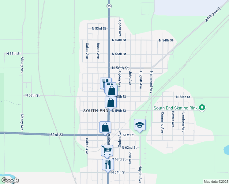 map of restaurants, bars, coffee shops, grocery stores, and more near 1799 N 58th St in Superior