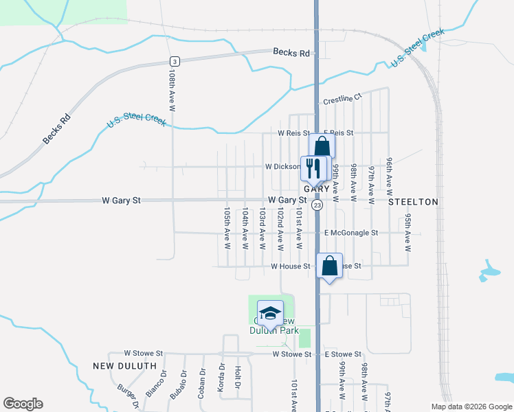 map of restaurants, bars, coffee shops, grocery stores, and more near 1216 104th Avenue West in Duluth