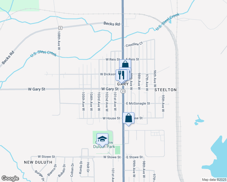 map of restaurants, bars, coffee shops, grocery stores, and more near 1214 101st Avenue West in Duluth