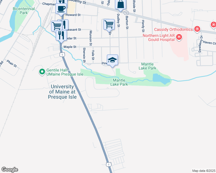 map of restaurants, bars, coffee shops, grocery stores, and more near 50 University Street in Presque Isle