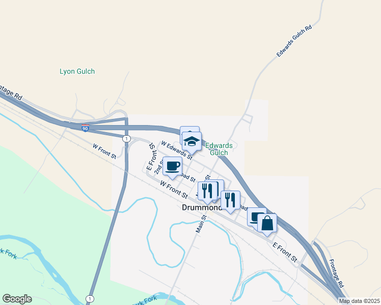 map of restaurants, bars, coffee shops, grocery stores, and more near 108 West Edwards Street in Drummond