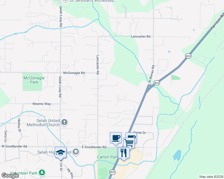 map of restaurants, bars, coffee shops, grocery stores, and more near 411 Lancaster Road in Selah
