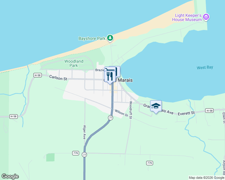 map of restaurants, bars, coffee shops, grocery stores, and more near 21795 Randolph Street in Seney