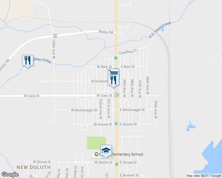 map of restaurants, bars, coffee shops, grocery stores, and more near 1314 101st Avenue West in Duluth