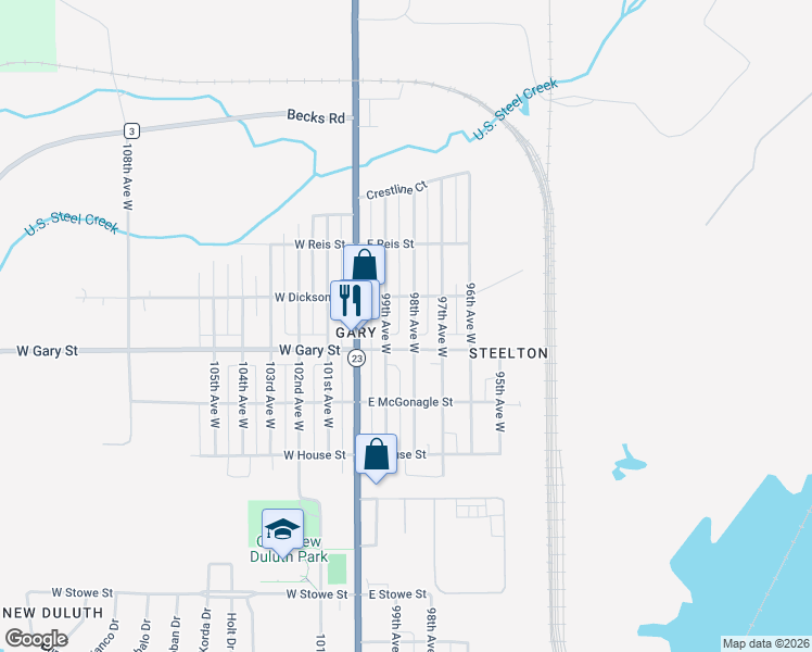 map of restaurants, bars, coffee shops, grocery stores, and more near 1313 98th Avenue West in Duluth