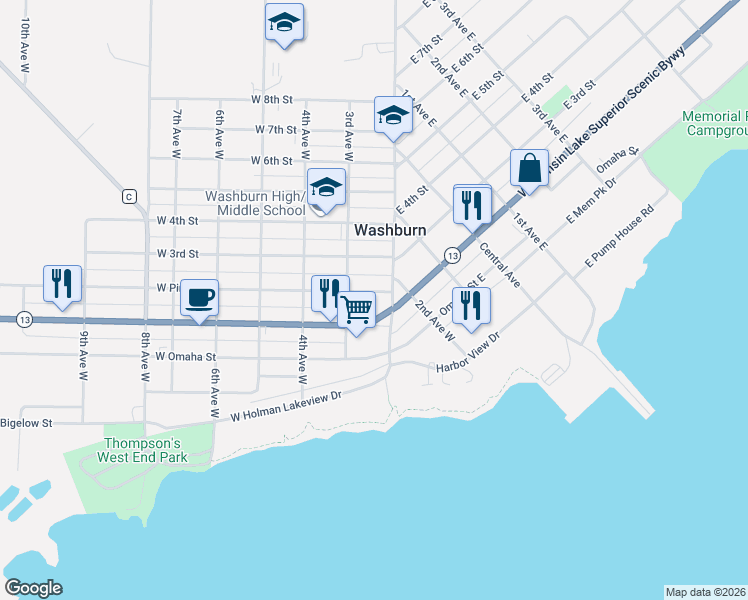 map of restaurants, bars, coffee shops, grocery stores, and more near 212 West Pine Street in Washburn