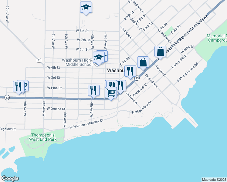 map of restaurants, bars, coffee shops, grocery stores, and more near 212 West Pine Street in Washburn