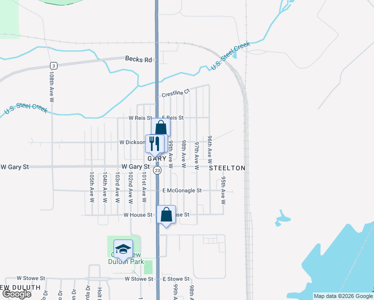 map of restaurants, bars, coffee shops, grocery stores, and more near 1313 98th Avenue West in Duluth