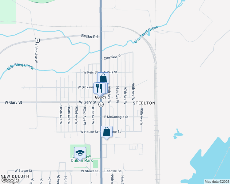 map of restaurants, bars, coffee shops, grocery stores, and more near 1313 98th Avenue West in Duluth