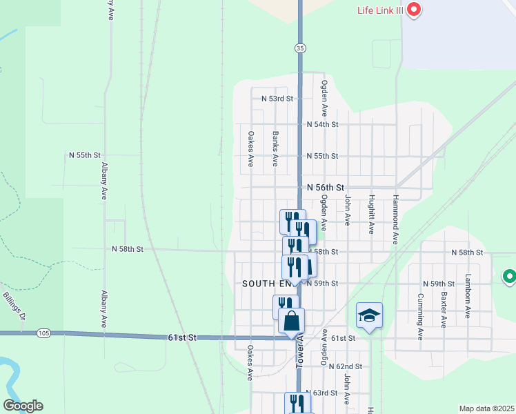 map of restaurants, bars, coffee shops, grocery stores, and more near 5633 Oakes Avenue in Superior