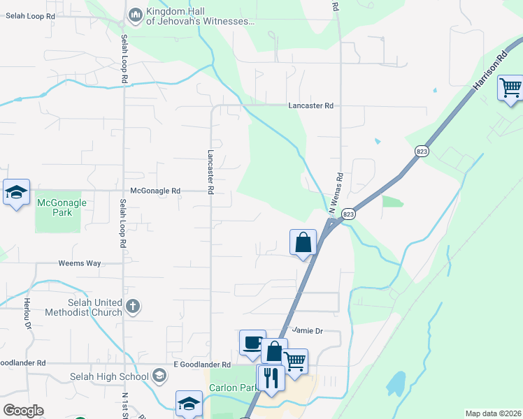 map of restaurants, bars, coffee shops, grocery stores, and more near 411 Lancaster Road in Selah