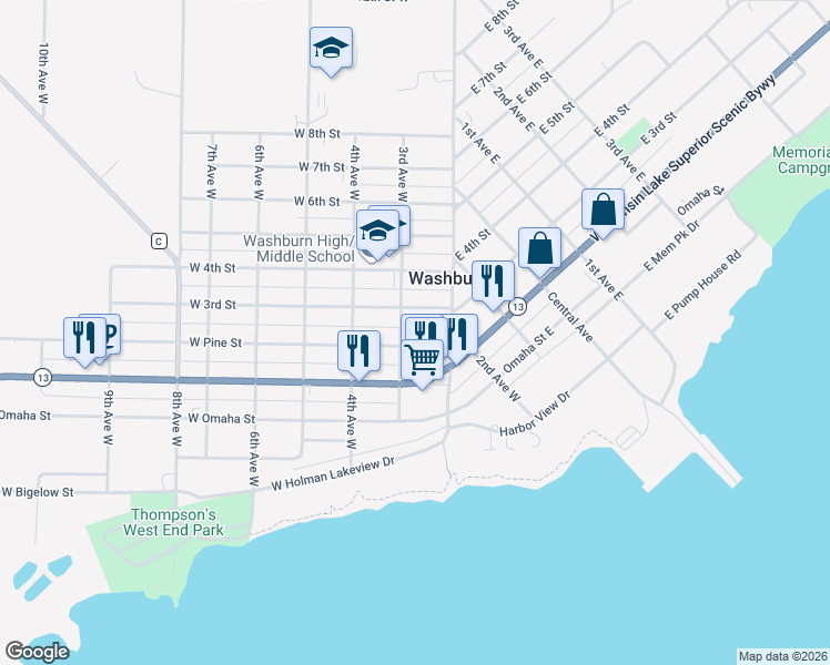 map of restaurants, bars, coffee shops, grocery stores, and more near 218 West 3rd Street in Washburn