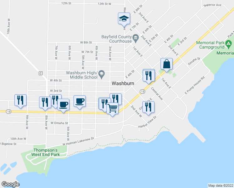 map of restaurants, bars, coffee shops, grocery stores, and more near 218 West 3rd Street in Washburn