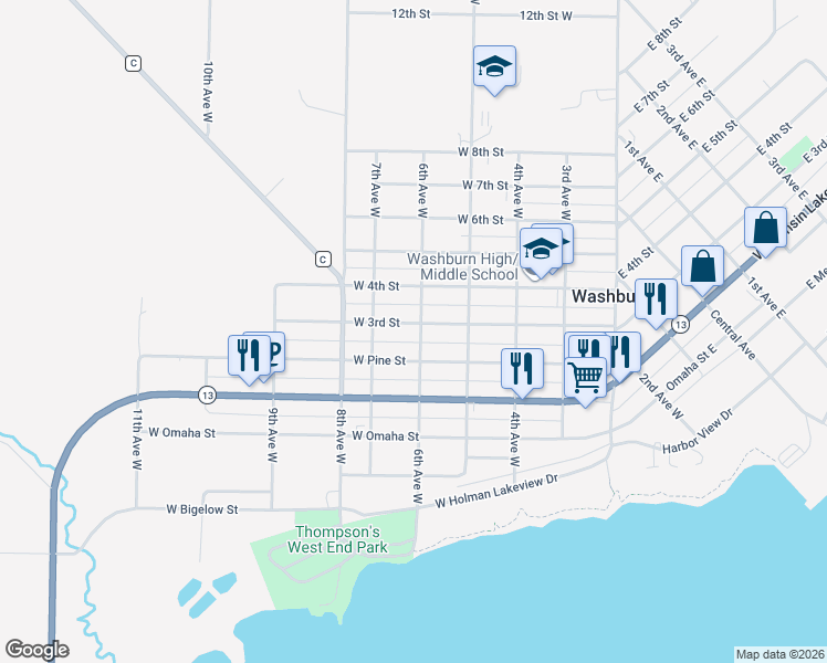 map of restaurants, bars, coffee shops, grocery stores, and more near 614 West 3rd Street in Washburn