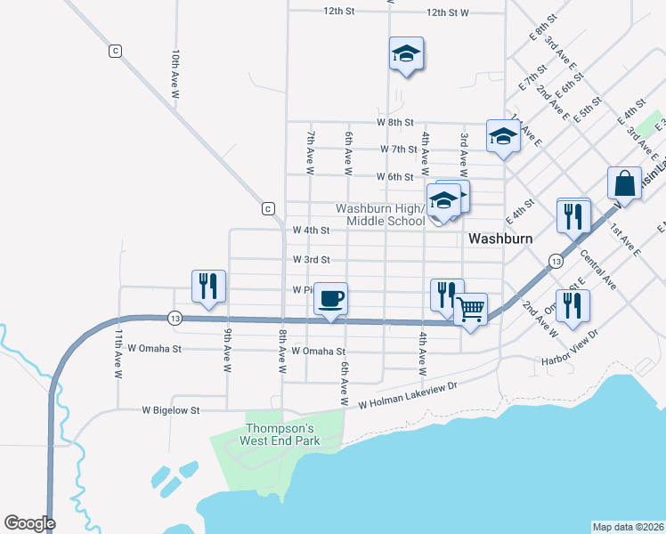 map of restaurants, bars, coffee shops, grocery stores, and more near 614 West 3rd Street in Washburn