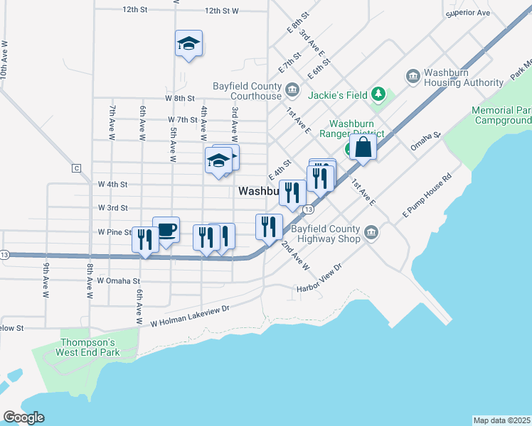 map of restaurants, bars, coffee shops, grocery stores, and more near West 3rd Street in Washburn