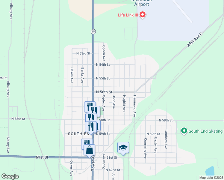 map of restaurants, bars, coffee shops, grocery stores, and more near 5531 John Avenue in Superior