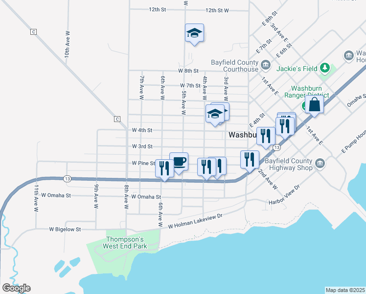 map of restaurants, bars, coffee shops, grocery stores, and more near West 3rd Street in Washburn