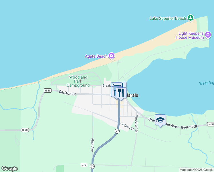 map of restaurants, bars, coffee shops, grocery stores, and more near E21739 Braziel Street in Seney