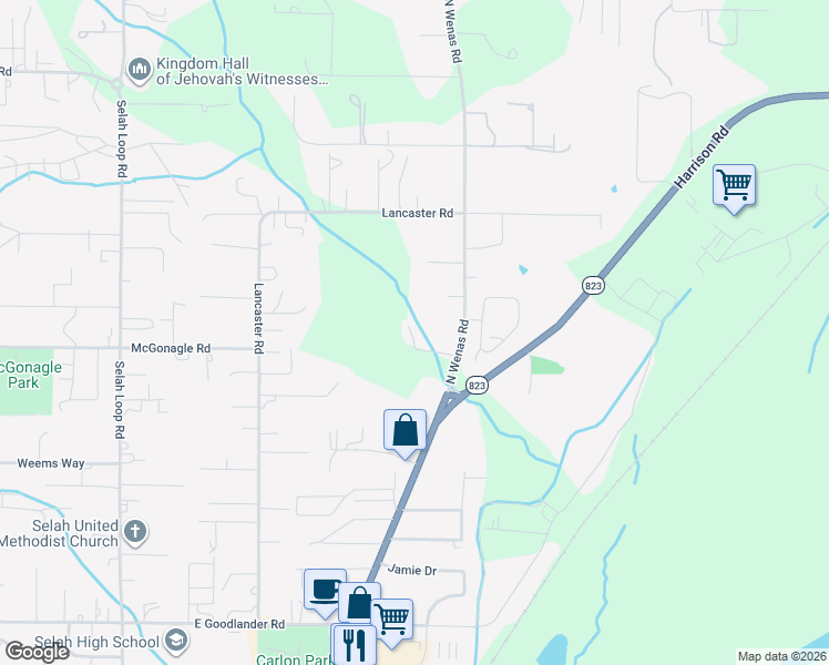 map of restaurants, bars, coffee shops, grocery stores, and more near 1424 North Wenas Road in Selah