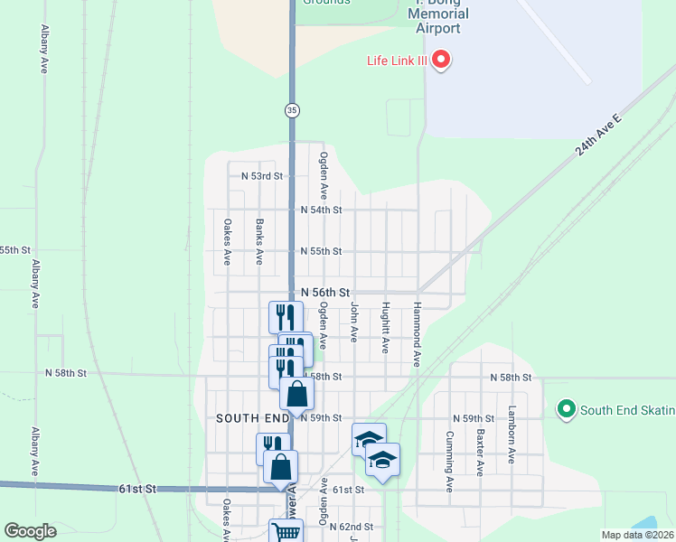 map of restaurants, bars, coffee shops, grocery stores, and more near 5531 John Avenue in Superior