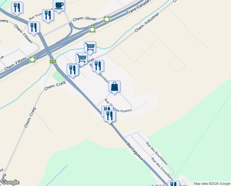 map of restaurants, bars, coffee shops, grocery stores, and more near 1225 Rue Francois Normand in Saint-Nicolas