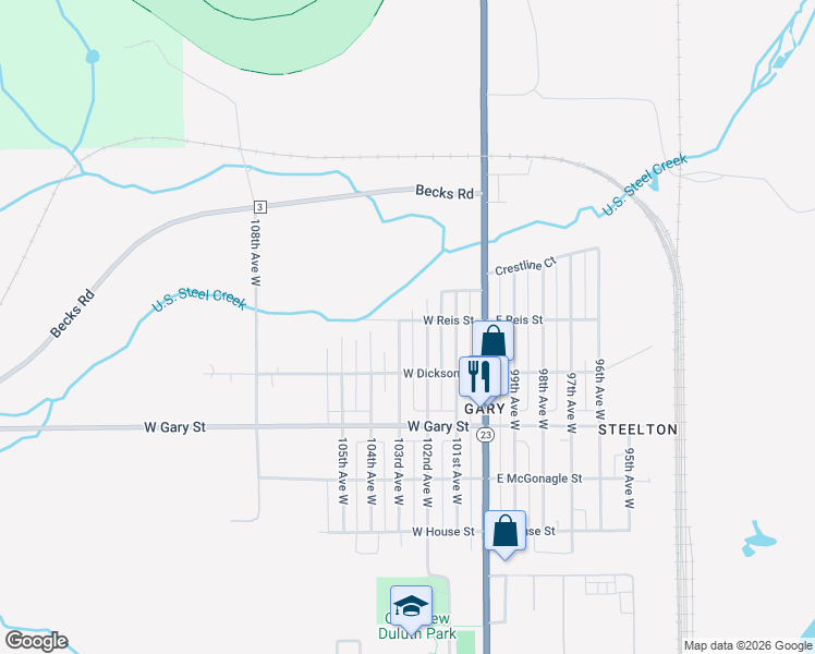 map of restaurants, bars, coffee shops, grocery stores, and more near 1415 102nd Avenue West in Duluth