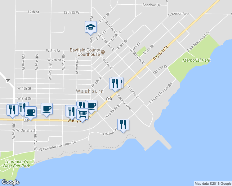 map of restaurants, bars, coffee shops, grocery stores, and more near West Bayfield Street & Central Avenue in Washburn