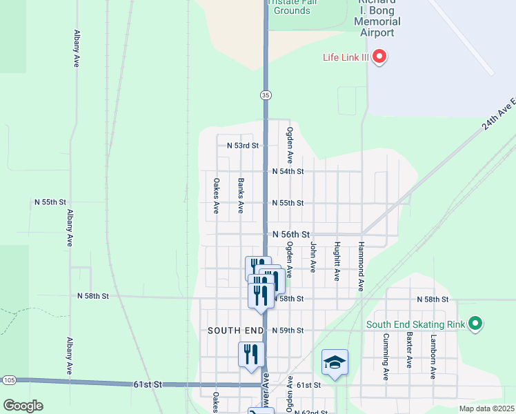 map of restaurants, bars, coffee shops, grocery stores, and more near 5423 Tower Avenue in Superior