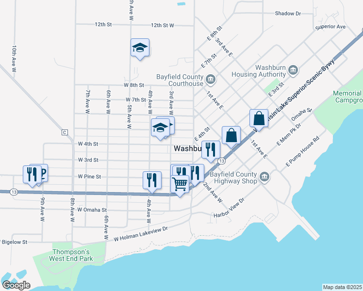 map of restaurants, bars, coffee shops, grocery stores, and more near 305 West 4th Street in Washburn