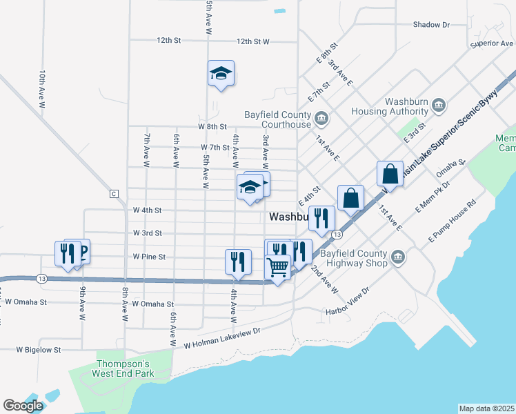 map of restaurants, bars, coffee shops, grocery stores, and more near 305 West 4th Street in Washburn