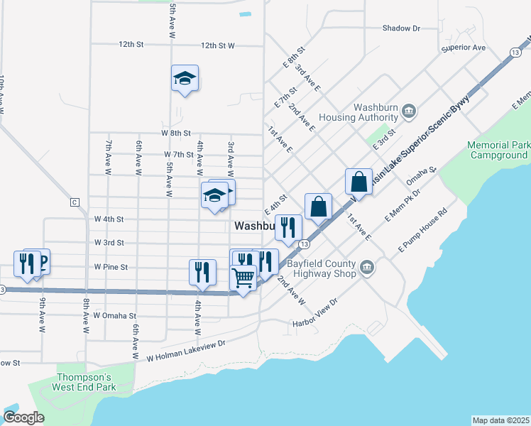 map of restaurants, bars, coffee shops, grocery stores, and more near 10 West 4th Street in Washburn