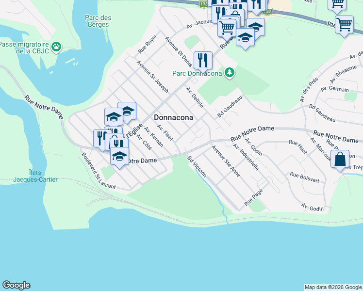 map of restaurants, bars, coffee shops, grocery stores, and more near 109 Avenue Fiset in Donnacona