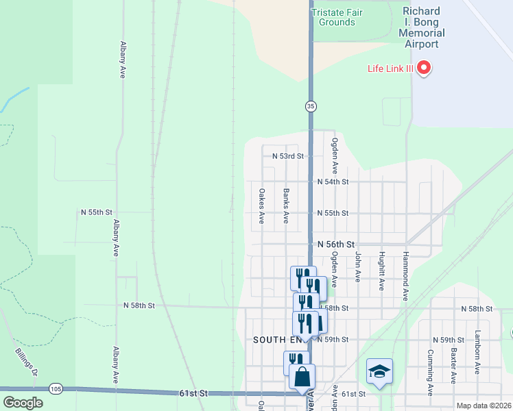 map of restaurants, bars, coffee shops, grocery stores, and more near 5427 Oakes Avenue in Superior