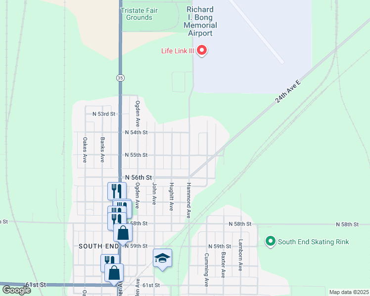 map of restaurants, bars, coffee shops, grocery stores, and more near 5423 Hammond Avenue in Superior