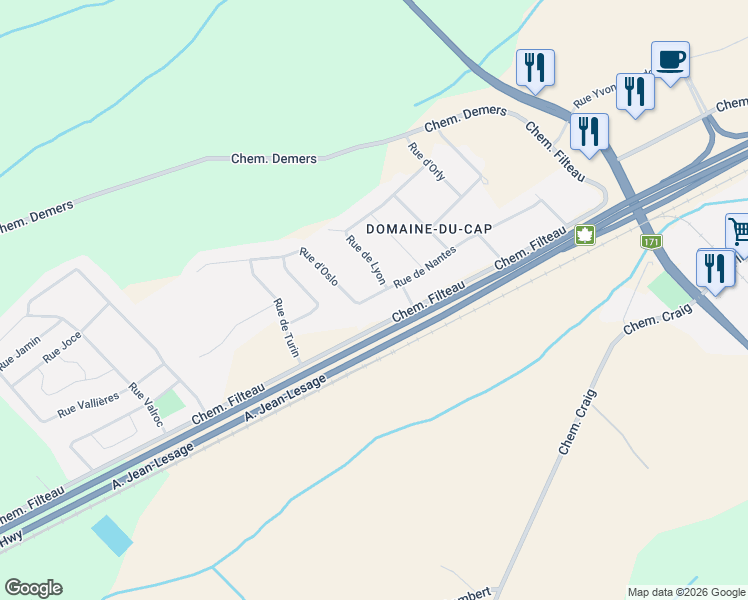 map of restaurants, bars, coffee shops, grocery stores, and more near 1407 Rue de Nantes in Saint-Nicolas