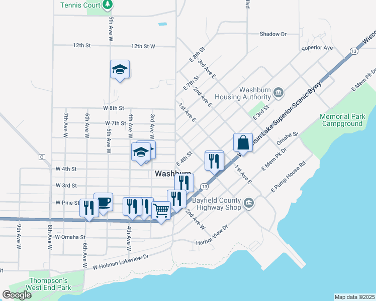 map of restaurants, bars, coffee shops, grocery stores, and more near 10 West 4th Street in Washburn