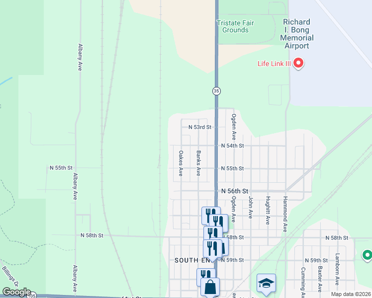 map of restaurants, bars, coffee shops, grocery stores, and more near 5427 Oakes Avenue in Superior